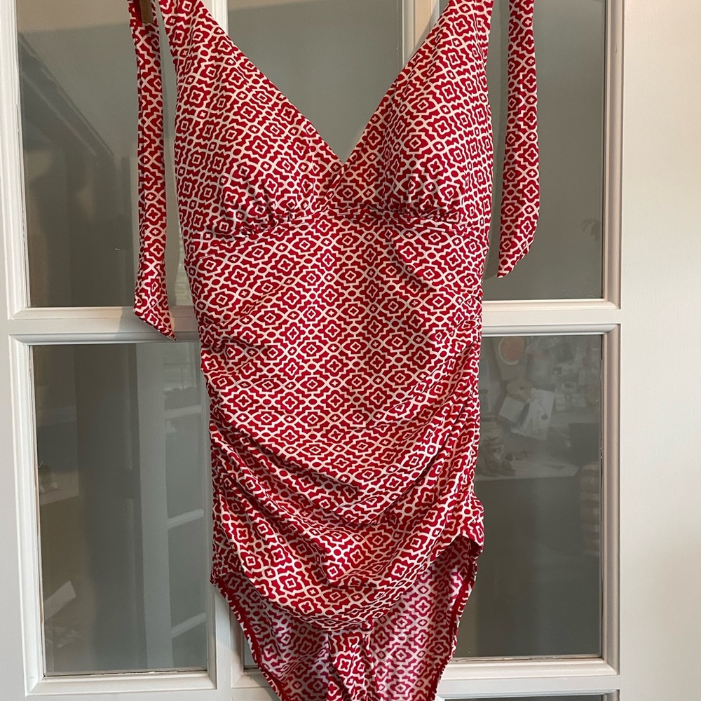 L.L. Bean Red and White One Piece Halter Swimsuit